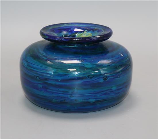 An Isle of Wight green and blue glass Seaward vase by Michael Harris, etched signature to base height 10cm
